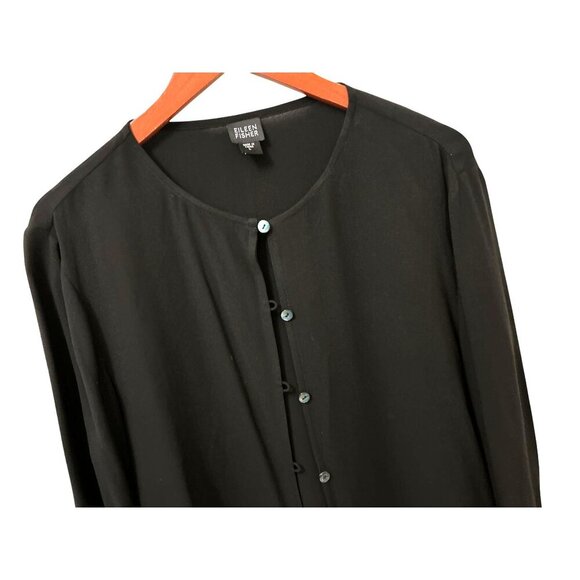 Eileen Fisher 100% Silk Black Button-Up Cardigan Blouse Long Sleeve Size Large - Picture 3 of 7